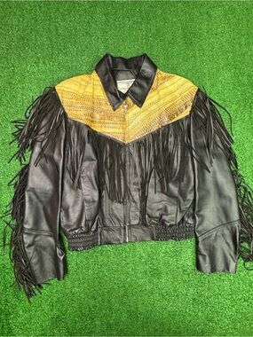 Black Leather Fringe Jacket with Yellow Woven Yoke